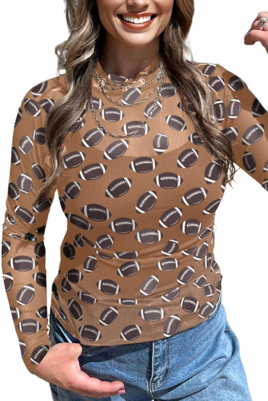 NEW 1 THE WOMAN game day football mesh sheer long sleeve top in brown